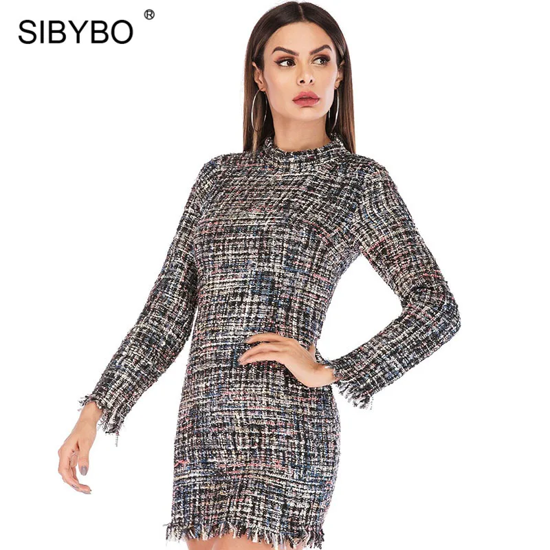 SIBYBO осеннее клетчатое Повседневное платье с принтом женское модное мини облегающее платье с длинным рукавом и круглым вырезом зимний офисный женский Вечеринка платье