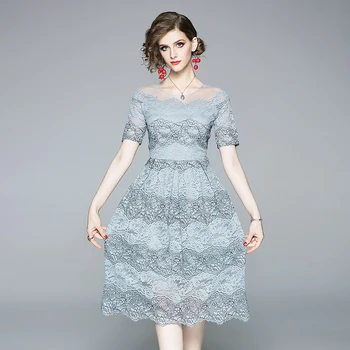 

New Summer Women Long dress Hollow Out Lace Slim Dresses Pink Blue 6664