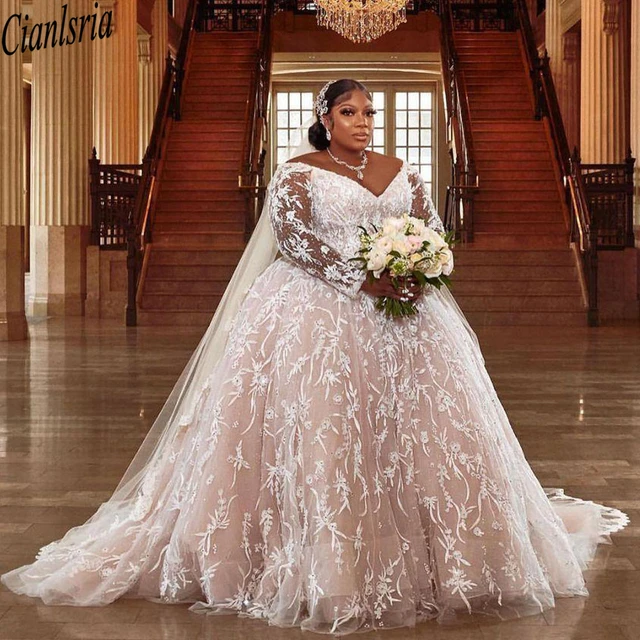 Plus Size Wedding Dresses Long Sleeves Bridal Gown V Neck Beads