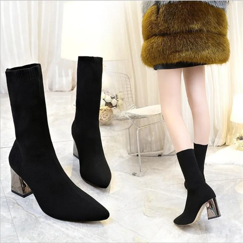 

Fashion Ankle Elastic Sock Boots Chunky High Heels Stretch Women Autumn Sexy Booties Pointed Toe Pump Zapatos De Mujer