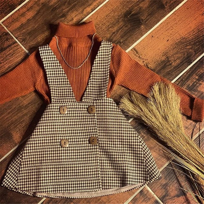 Girls Clothing Set Autumn Fashion Clothes Set 2 Pieces Suit Solid Turtleneck Tops + Plaid Suspender Skirt Kids Sets 1-6Y