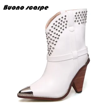 

High Quality Fashion Genuine Leather Boots Women Metal Pointed Toe High Heels Autumn Winter Boots Rivets Punk Ladies Ankle Boots