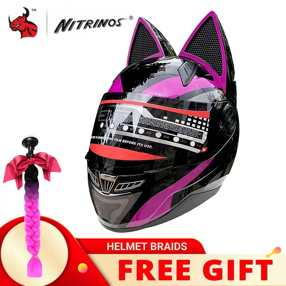 NITRINOS-Casco de Moto de cara completa para mujer, con orejas de gato extraíbles, aerodinámico, para Motocross - AliExpress