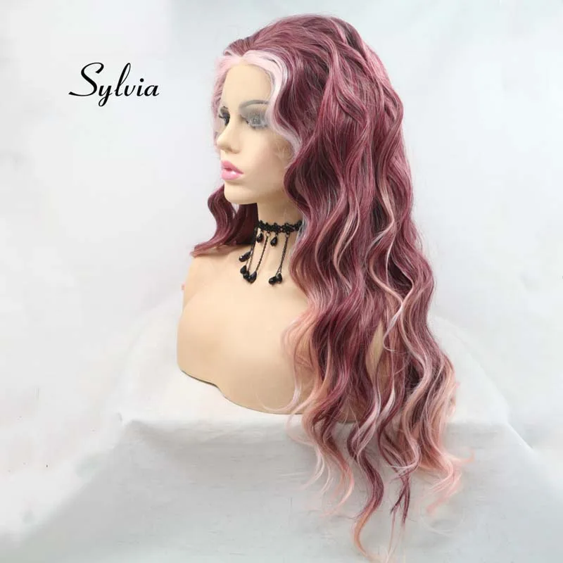 Sylvia 2,5*13 дюймов красный/розовый смешанный цвет парик с длинными кудрявыми волосами Синтетические парики на кружеве розовые наконечники термостойкие волокна волос парики Косплей