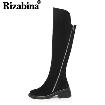 

RIZABINA Women Genuine Leather Over Knee Boots Zipper High Heel Boots Fur Warm Shoes Winter Long Botas Women Footwear Size 34-39