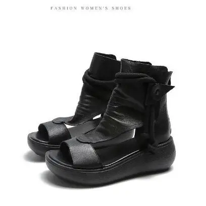 H711286b8930f49508f30b43a562dcfafB Hot 2021 New Summer Black Women Leather Sandals Cool Boots Platform Shoes Wedges Sandals Women Shoes Fashion Outdoor Sandals