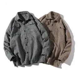 2019 Клетчатая Мужская рубашка, осенняя хлопковая Ретро рубашка с отворотом, Мужская Корейская шикарная Повседневная Уличная одежда