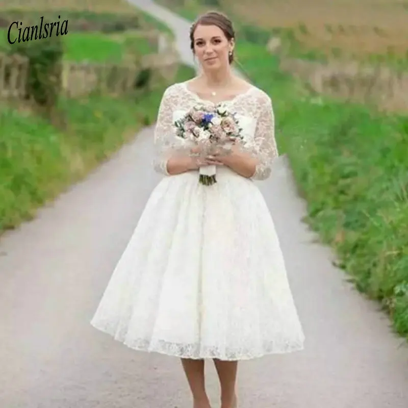 ^*Best Offers Vintage Drie Kwart Mouwen Thee-Lengte Kant Wedding Dress Scoop Neck Button Terug Korte Land Bridal Trouwjurken