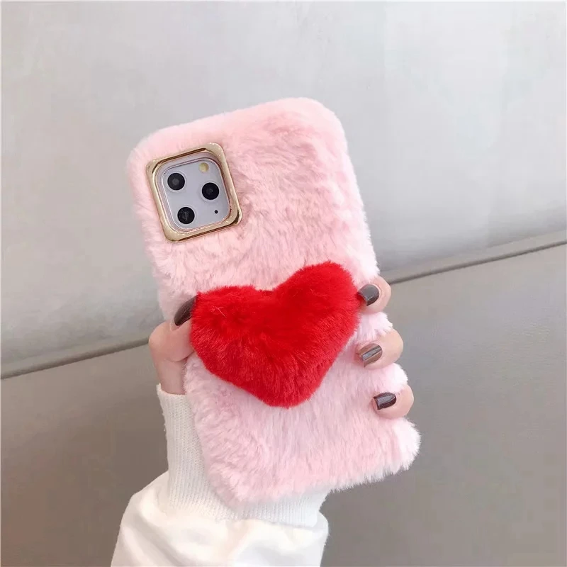 Меховой чехол для iPhone 11 Pro Max сердце любовь кролик подлинные волосы Bling хромированный металлик пушистый девушка мягкий, симпатичный, из ТПУ держатель 1 шт