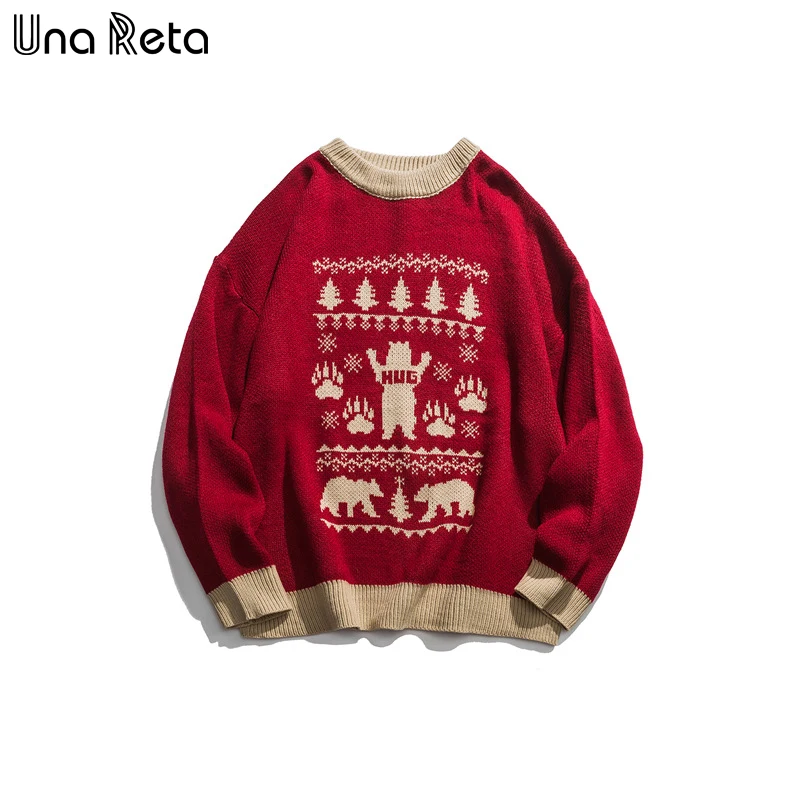 Una Reta, Рождественский свитер, Зимний пуловер с длинным рукавом, трикотажный мужской свитер, Свободный Мужской милый свитер - Цвет: Красный