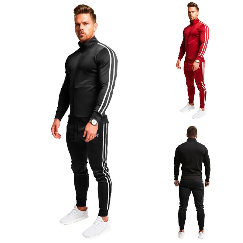 

2019 Ouma New Style Stripes Zipper Long-sleeved Upper Garment Stripes Drawstring Athletic Pants A30 Set
