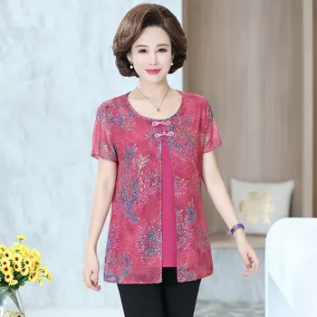 

Chinese Style Women Summer Blouses Red Green Flower Ethnic Fake Two Piece Tops Female Casual Short Sleeve O-neck Layered Blouse