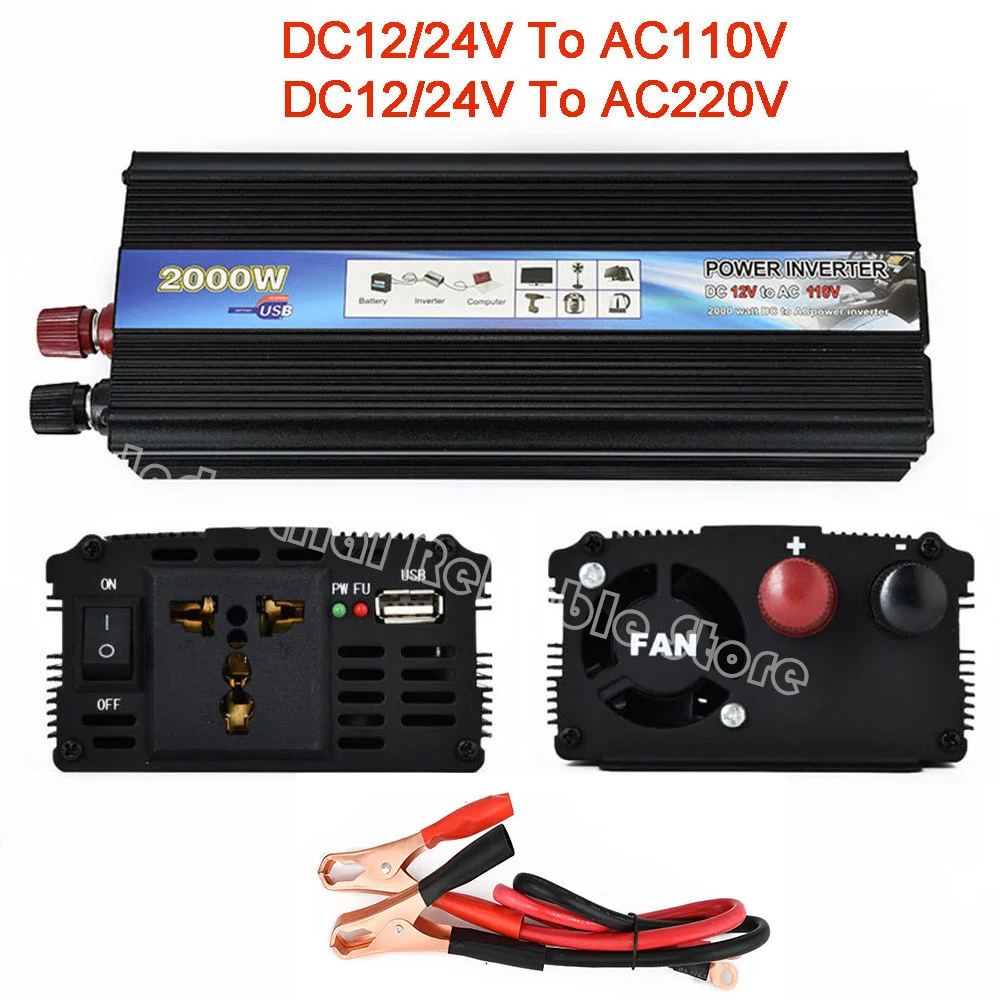 2000W Peak Car Vehicle Power Inverter Dc 12V/24V A Ac 110V 220V Convertitore Usb Us Socket Univerial Socket Perfetto Per Tv, Dvd