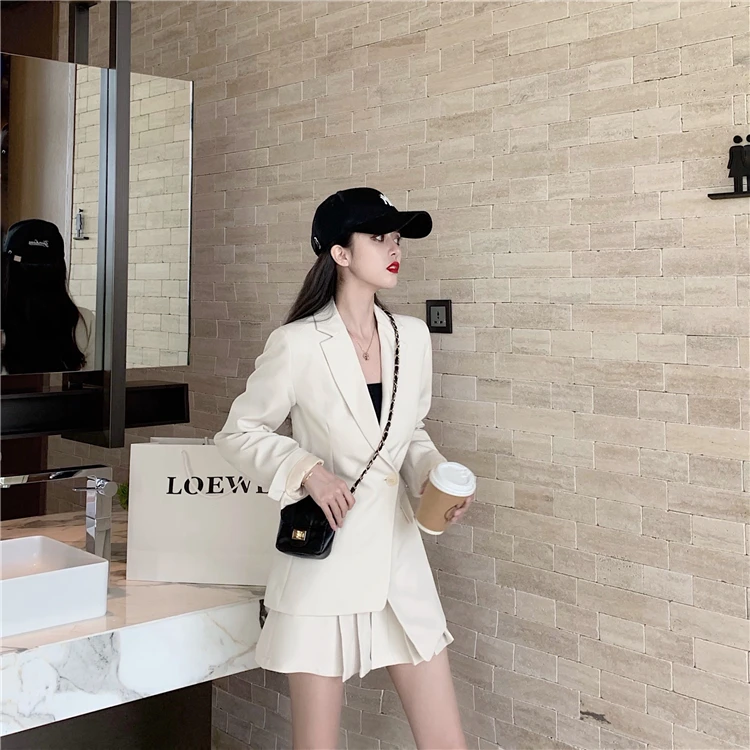 Осенняя одежда, стиль, Hong Kong Flavor CHIC Charade, однотонный костюм, куртка+ плиссированная юбка с высокой талией, комплект из двух предметов, 8930