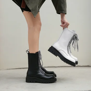 

Royesic Genuine Cow Leather Martin boots women's thick-soled 2020 autumn British style round toe lace-up ankle boots women