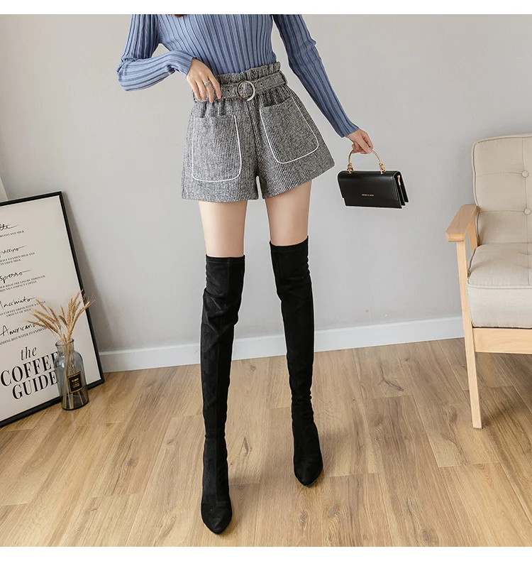 Trytree Autumn Winter woman Casual Shorts Loose Belt Pockets High waist Solid 3 Colors Fashion All-Purpose Style Short