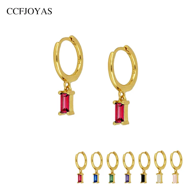 

CCFJOYAS 925 Sterling Silver Rectangular Zircon Hoop Earrings White/Purple/Blue/Rose red color Women Earrings Fashion Jewelry