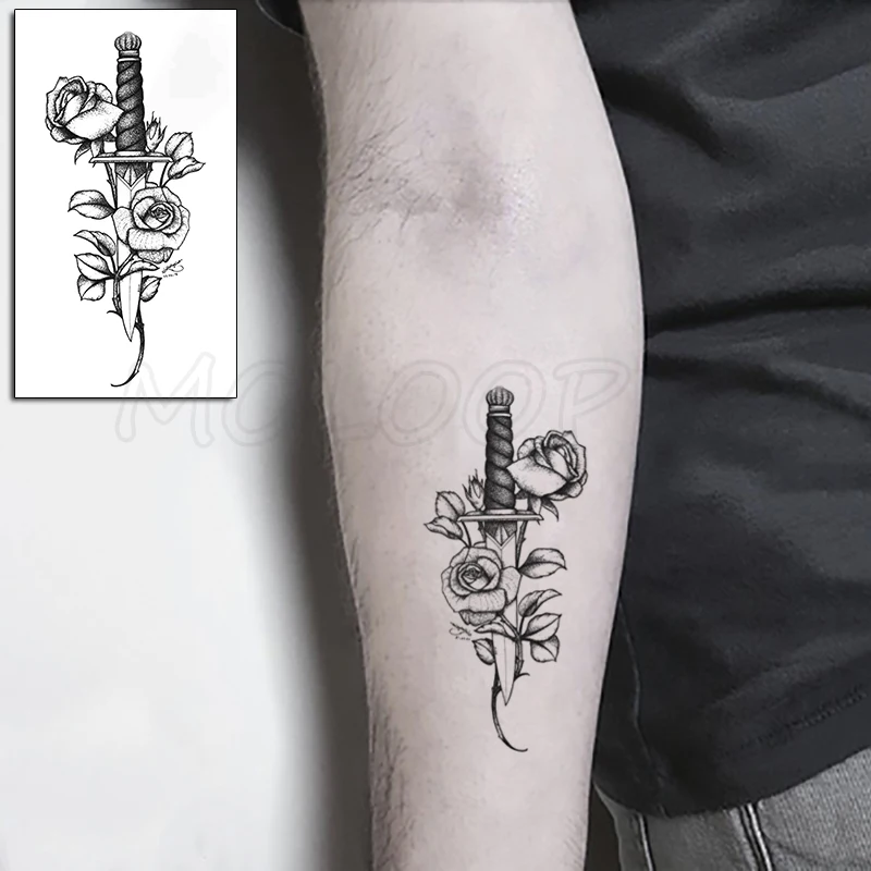 Tattoo Sticker Dagger Sword Bud Rose Flower Element Anime Tatto Body Art Makeup Waterproof Temporary Women And Men Temporary Tattoos Aliexpress