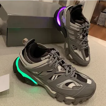 

Luxury Design Led Glow Light Platform Women Sneakers INS Thick Heel Breathable Female Trainers Mesh Leather Woman Sport Shoes