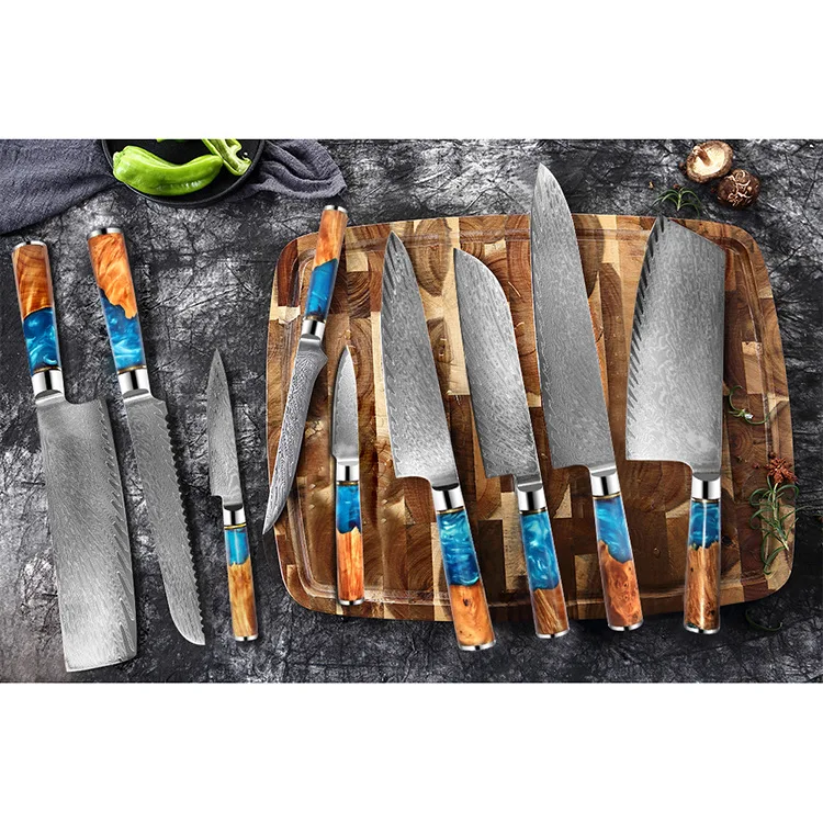 Набор кухонных ножей острый нож шеф-повара из дамасской стали с синей смолой и