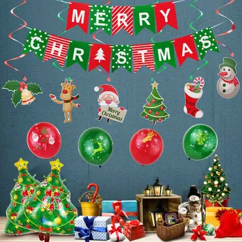 

Besegad 21pcs Christmas Decor Kit Merry Christmas Banner Garland Balloon Swirl with 32pcs Photo Booth Prop for Xmas Party Supply
