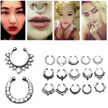 Zoeber 15 шт./компл. в стиле хип-хоп, с украшением в виде кристаллов фальшивый нос кольцо Рок Стиль 3 цвета круглые кольца для пирсинга перегородки носа пирсинг кликер искусственная зажим не тело обруч Для женщин