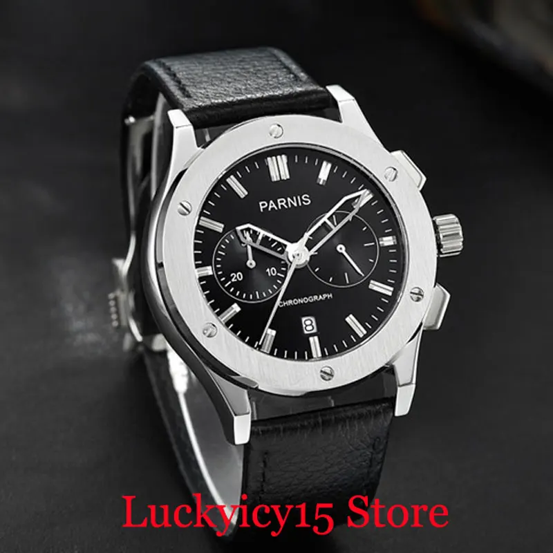 

Fashional 44mm Quartz Men's Watch Date Window Chronograph Function Stainless Steel Watch Case Leather Strap