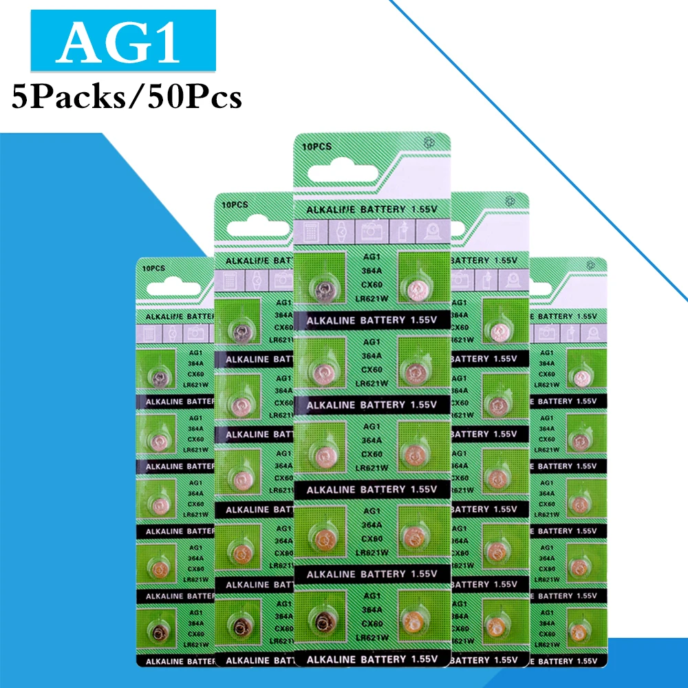 

50PCS/5 Pack AG1 LR621 SR621 164 Button Batteries LR60 364A Cell Coin Alkaline Battery 1.55V TR621SW 364 For Watch Toys Remote