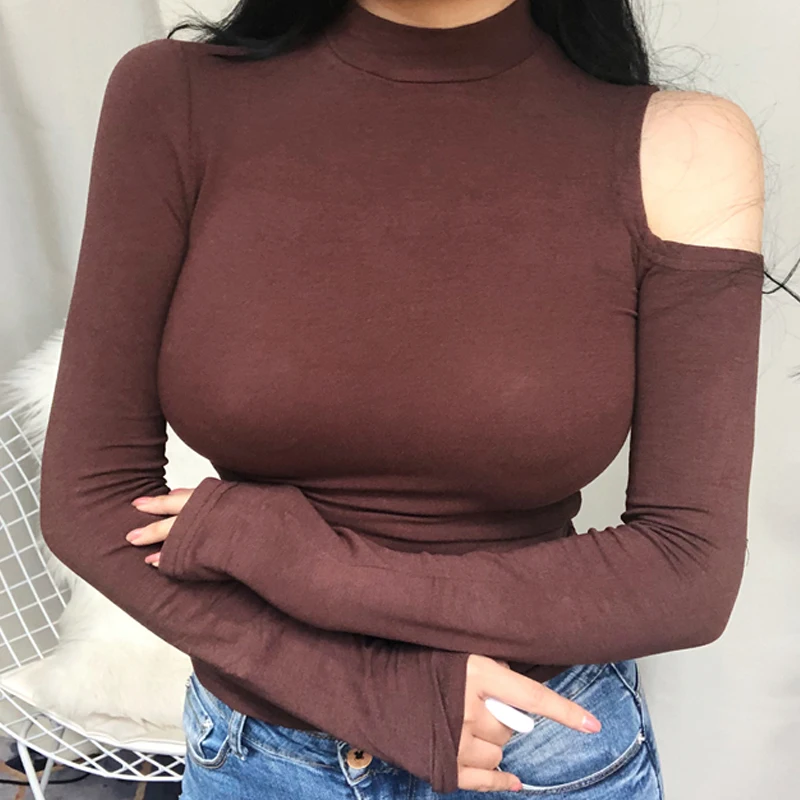 

shintimes High Elasticity Sexy Off Shoulder Top Tee shirt Femme 2019 Autumn Korean Clothes O-Neck Slim T Shirt Women Long Sleeve