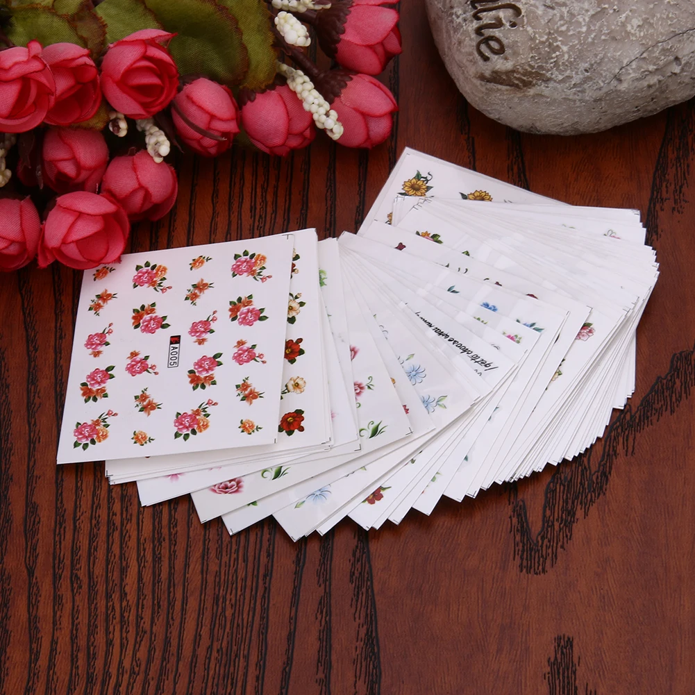 50 Sheets Mixed Flower DIY Design Nail Sticker Water Transfer Wraps Nail Art Stickers Manicure Tips Decal Beauty Decorations