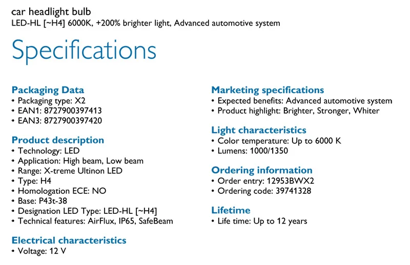 Details about / H4 PHILIPS X-treme Ultinon LED Bulbs 12953BWX2 Hi//Low Beam 6000K Up to 200/%