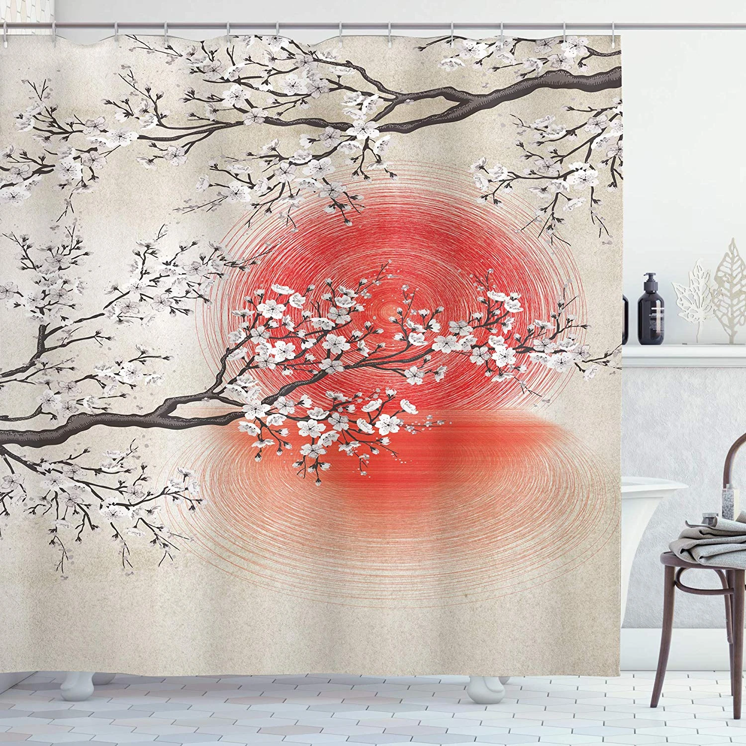 Cherry Blossom Shower Curtain Japanese Folkloric Themed Sakura Tree Bathroom Decor Set With Hooks 70 Long Cream Bath Curtains Shower Curtains Aliexpress