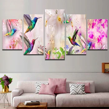 

Five-Piece Modern Waterproof Ink Printing Poster Bird and Flower Hd Canvas Painting Art Poster Home Decoration Frameless Mural