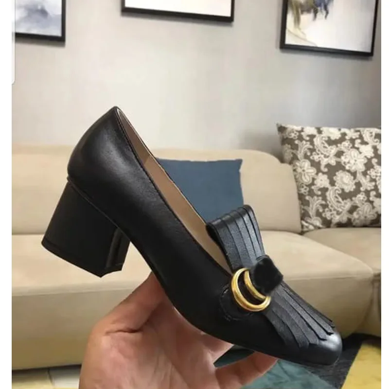 

Luxury High Heels cow leather Women Shoes 5cm Zapatos Mujer Spring autumn Slip On Ladies Dress Wedding Shoes Sapato Thick Heel