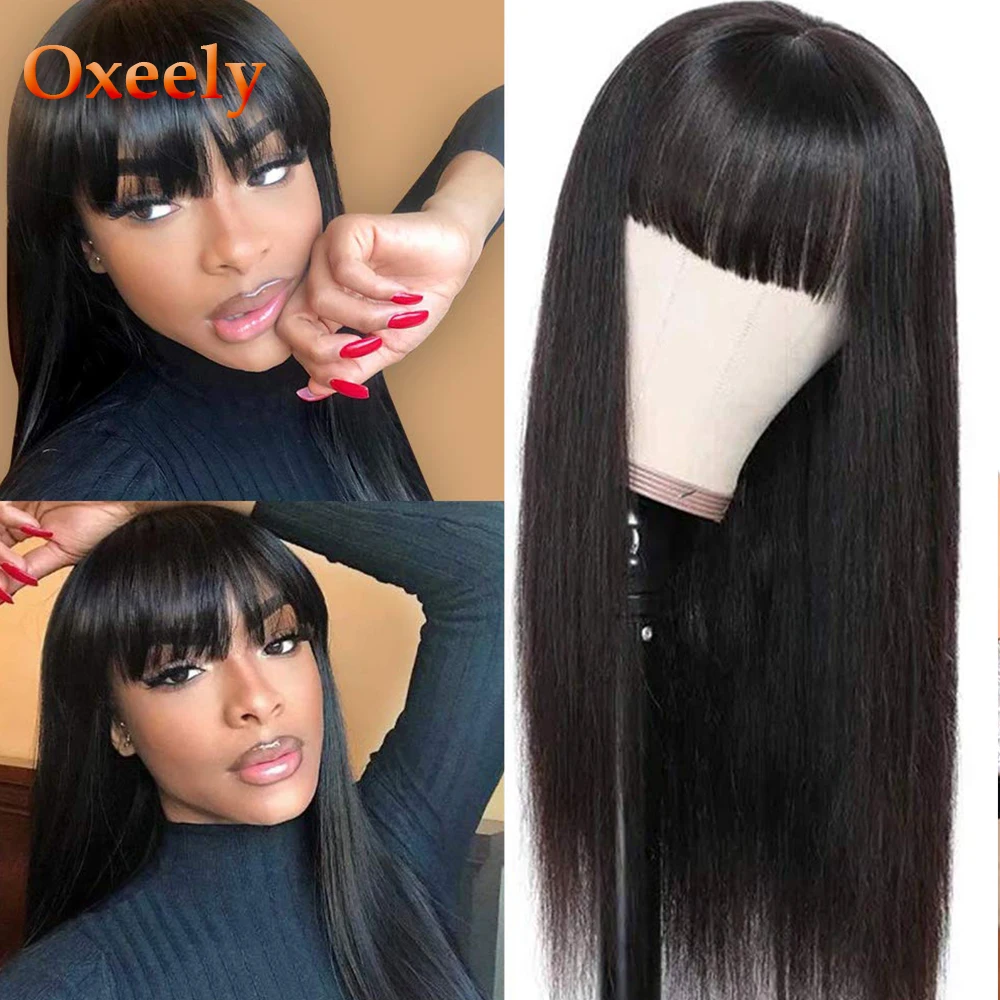 

Oxeely Long Straight Synthetic Hair Full Wigs Glueless Black Straight Wig With Full Bangs Fiber None Lace Wigs for Black Women
