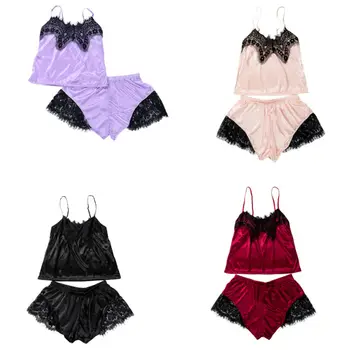 

Women Sexy Satin Pajamas set Silk Sleepwear Babydoll Lace Top And Shorts Costume