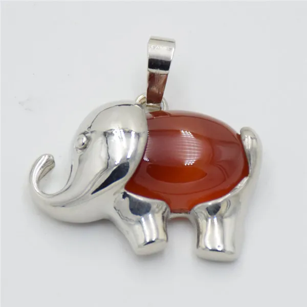 Fashion Silver Color Cute Animal Elephant Natural Stone Crystal Bead Pink Quartzs Tiger Eye Necklace Pendant for Women Men Charm - Окраска металла: Red Agates