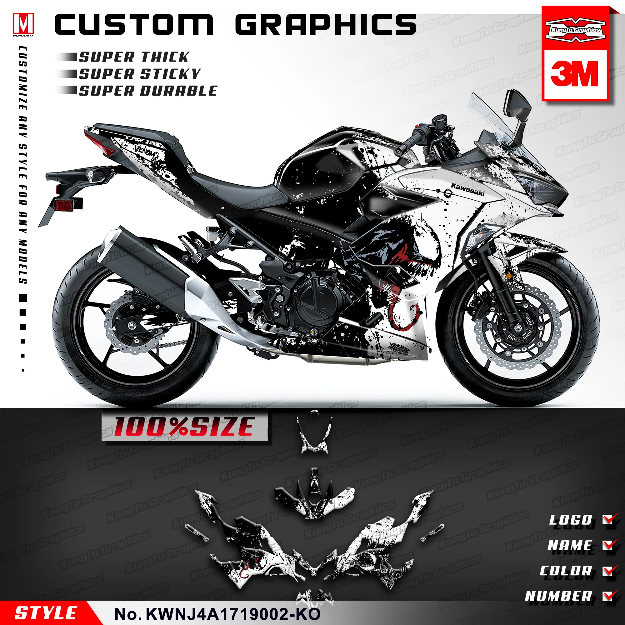 KUNGFU графика мотоцикл наклейка комплект обертывание для Kawasaki Ninja 400 ABS(Стиль № KWNJ4A1719002-KO), Веном, черный