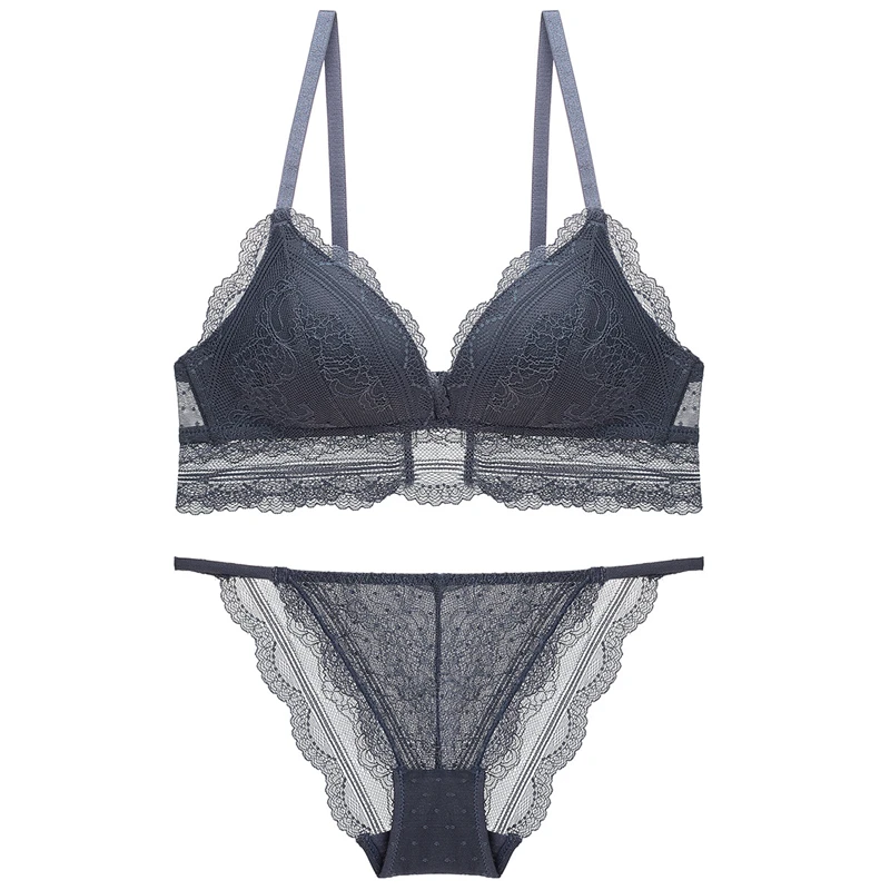 

Woman French retro sexy triangle cup underwear thin no steel ring lace bra breathable comfortable underwear set WT024