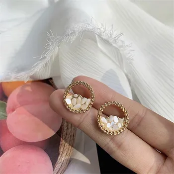 

S925 Silver Needle Geometry Versatile Delicacy Shell Oil Drop Earrings Simple Circle Ear Stud Elegant High Grade Sense 1081