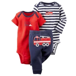 Ensemble 3 pièces pour bébé fille et garçon, barboteuse à manches courtes et longues, pantalon à rayures, pour nouveau né, automne 