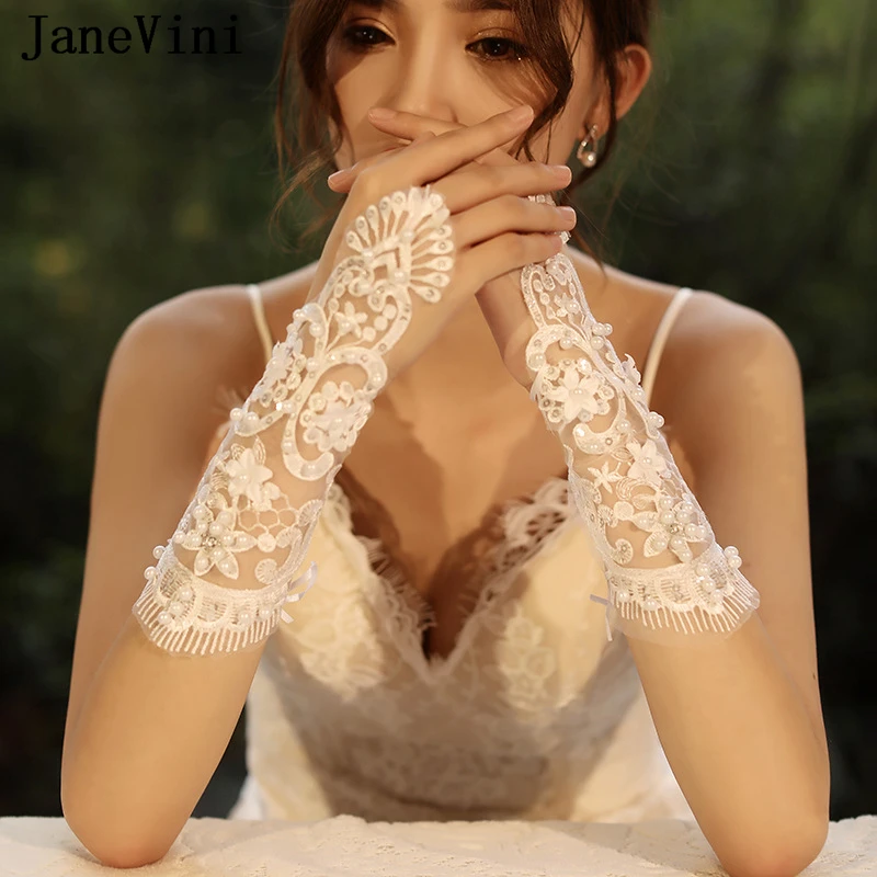 JaneVini Vintage Lace Ivory Bride Gloves with Pearls Opera Length Fingerless Elegant Bridal Hand Gloves Wedding Accessories 2021