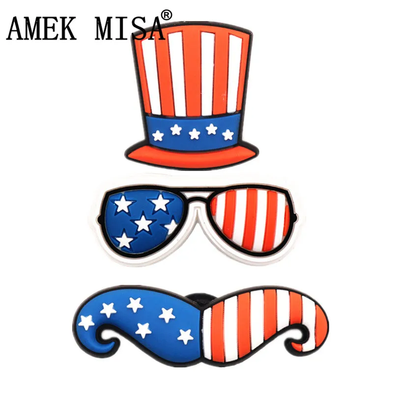 

Original American Flag Style PVC Shoe Charms Accessories Hat/Glasses/Beard Shoe Decoration for Croc jibz Kids Party X-mas Gifts