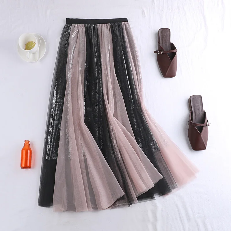 

New Collection Women Skirt Bright Silk Yarn Splice Mesh Long Bicolor Skirt Ladies Long Skirt Mid-calf Swing Pleated Skirt
