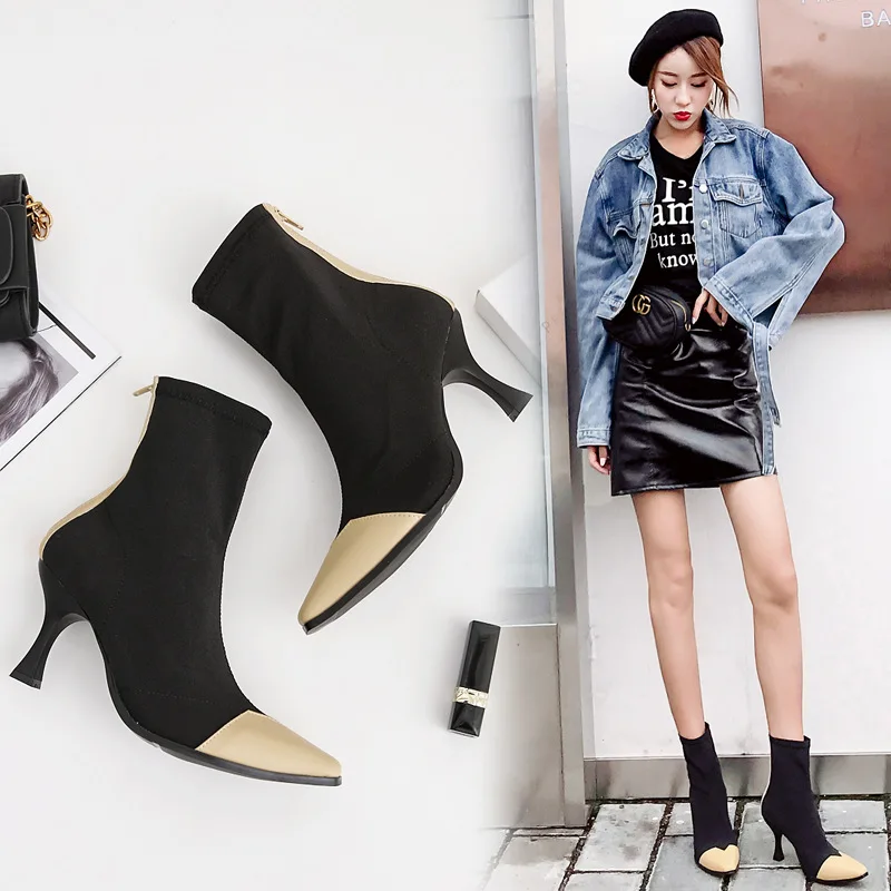 

2019 Autumn New Style Women's Square Head Europe And America WOMEN'S Leather Boots Sleeve Fashion Boots High-heeled Shoes