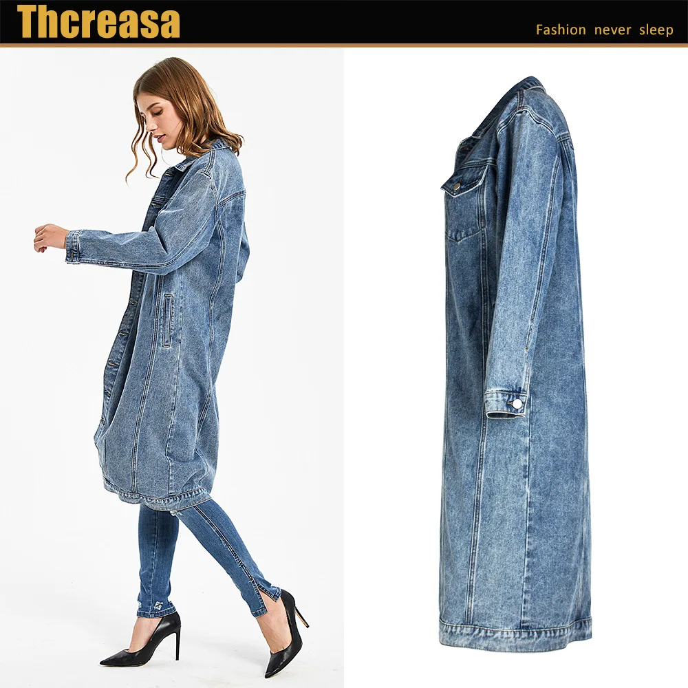 Зимнее Европейское и американское одноцветное джинсовое длинное пальто с длинным рукавом, свободное женское джинсовое пальто, женское длинное пальто на груди