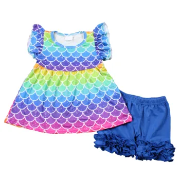 

Hot Sale Summer Baby Girls Cute Clothing Set Boutique Flutter Sleeve Tunic Top White Blue Color Icing Spring Kids Outfit