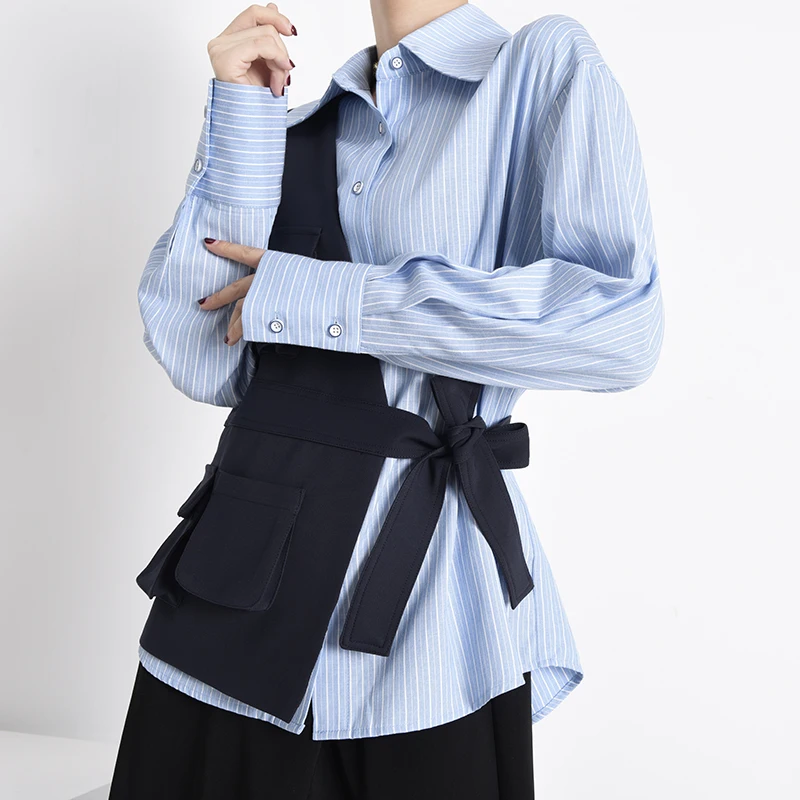 [EAM] Women Blue Striped Bandage Irregular Big