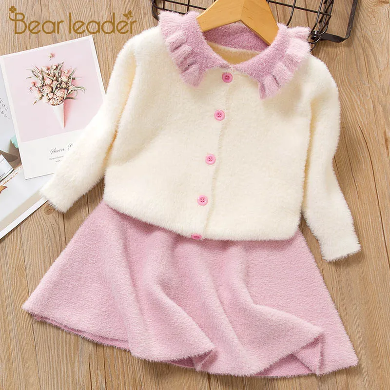 Bear leader/платье для девочек новое осенне-зимнее платье принцессы для девочек детский вязаный топ с длинными рукавами+ платье, детская одежда милый наряд