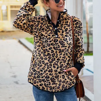 

Leopard Turtleneck Sweater Women Teddy Fleece Fluffy Button Pullover Sherpa Short Fleece Tops Female Sexy Streetwear Sweaters